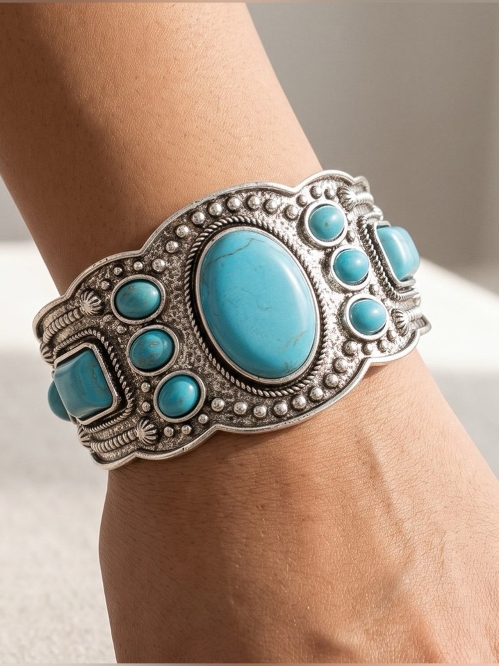Turquoise Cluster Wide Concho Cuff Bracelet